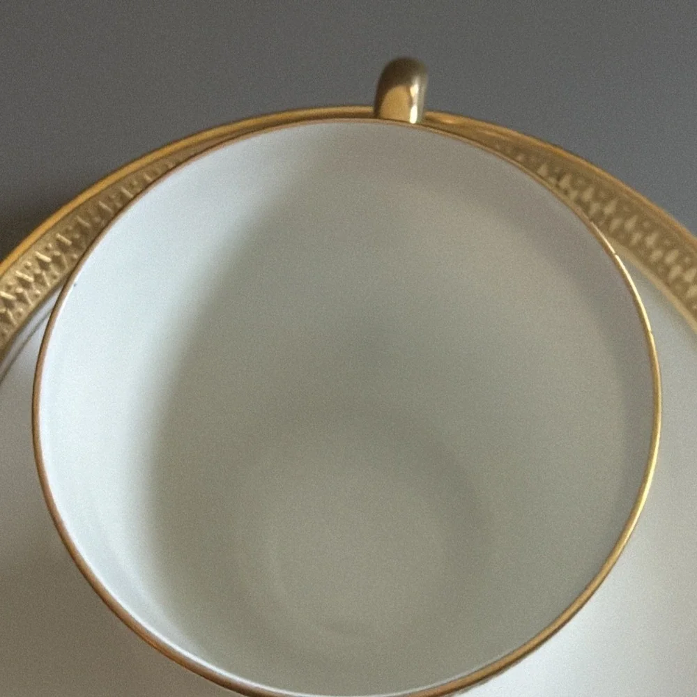 Art Deco TK Thuny Czechoslovakia Porcelain Demitasse Cup & Saucer White w/ Gold